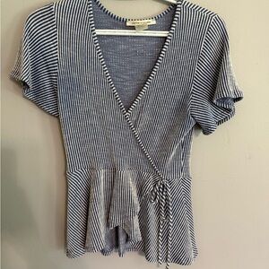 Caution To The Wind Blue and White Wrap Peplum Blouse